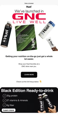 Email from Huel. Have you heard?! Huel is now at GNC 📣