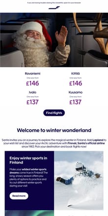 Email from Finnair. Fly to Lapland with the official airline of Santa