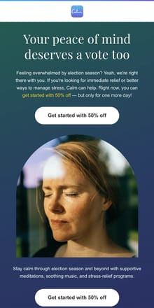 Email from Calm. ENDING TOMORROW: 50% off Calm Premium