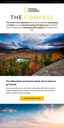 Email from National Geographic. Secret fall beaches. PLUS: The Adirondacks without the crowds, best hiking boots