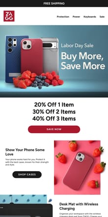 Email from ZAGG. Labor Day Sale! Save up to 40% off and Free Shipping