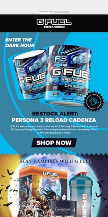 Email from G FUEL. Persona 3 Reload Cadenza is Back!