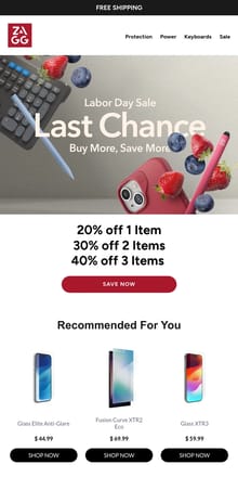 Email from ZAGG. Last Chance to Save at ZAGG Labor Day Sale