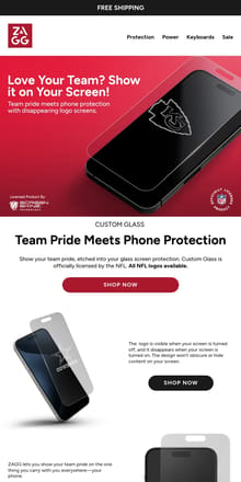 Email from ZAGG. Show up for Your Team! NFL Logo Screen Protection