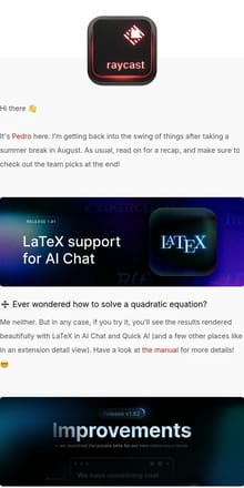 Email from Raycast. 📝 August Update: Notes private beta, quality-of-life improvements, and more!