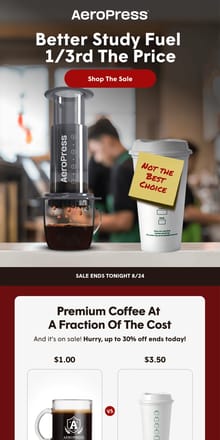 Email from AeroPress. Brew Better (and Cheaper!) at College 🤩