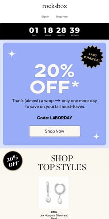 Email from Rocksbox. LAST CALL: 20% OFF SITEWIDE ⏳