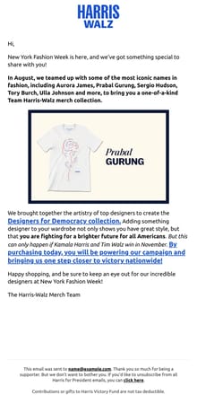 Email from Kamala Harris. New York Fashion Week 🤝 Harris-Walz Merch Designers