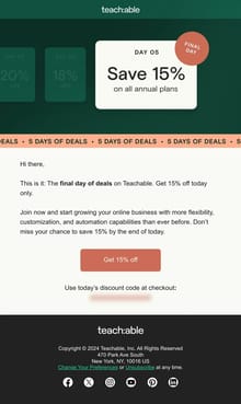 Email from Teachable. Want 15% off an annual plan?