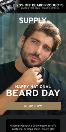 Email from Supply. 20% Off! Happy National Beard Day! 🧔