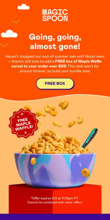 Email from Magic Spoon Cereal. Almost gone: FREE box of Maple Waffle cereal!