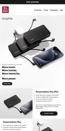 Email from ZAGG. Introducing the New Mophie Powerstation Plus Line