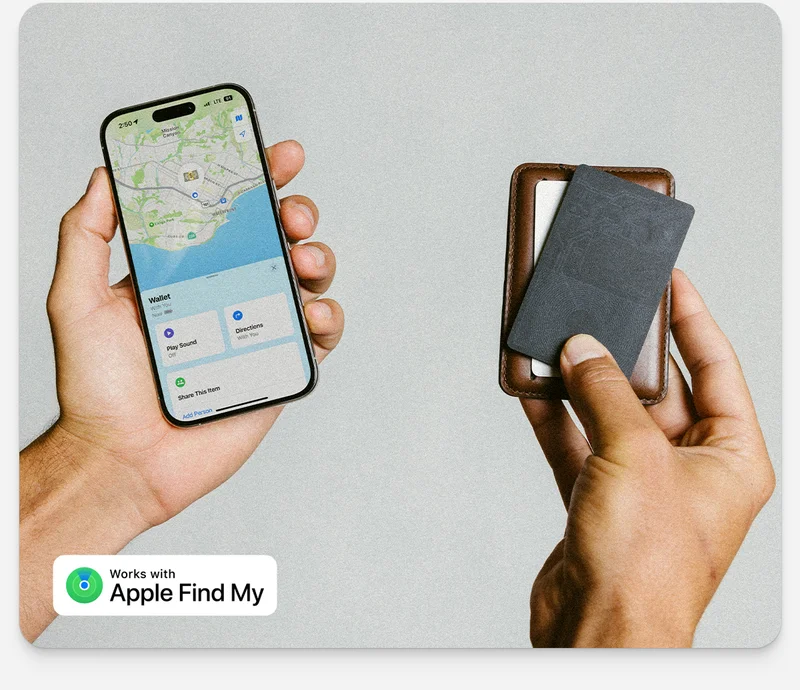 Finally back in stock. Tracking Card. The first of its kind, Tracking Card sold out in record time. Remarkably thin and seamlessly integrated with Apple's native Find My app., it slips into any wallet and makes tracking effortless. Plus, it's rechargeable so no need to replace it. Shop Now.