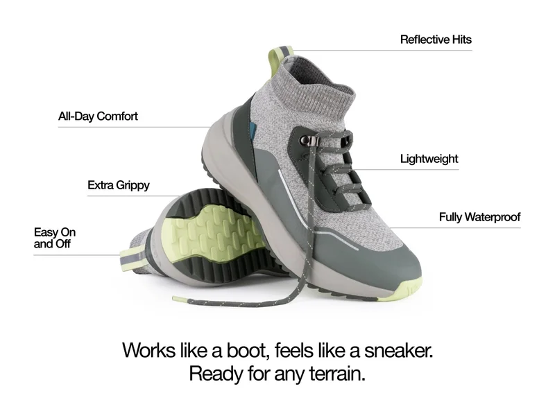 All-Day Comfort. Extra Grippy. Easy On and Off. Reflective Hits. Lightweight. Fully Waterproof. Works like a boot, feels like a sneaker. Ready for any terrain.