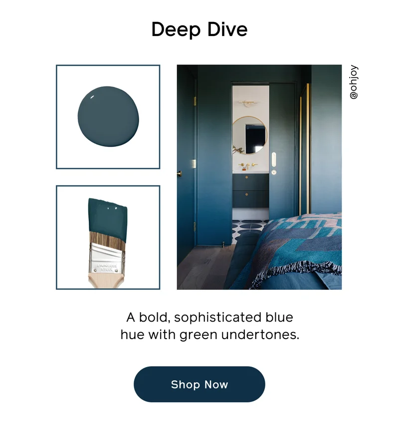 Deep Dive. A bold, sophisticated blue hue with green undertones. Shop Now