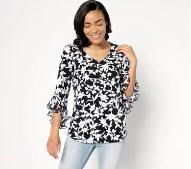 Susan Graver Printed Liquid Knit Top with Chiffon Ruffle Sleeve