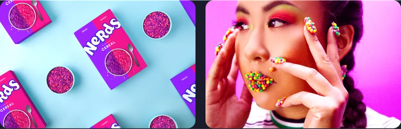Nerds Cereal Concept Mockup and model with nerds candy on face and hands