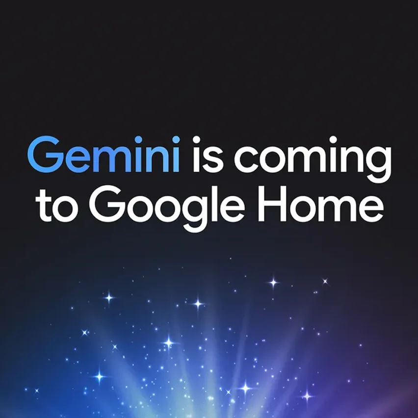 Text 'Gemini is coming to Google Home' with a blue and purple light burst.