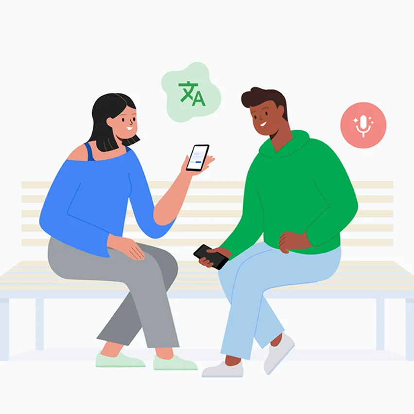 Man and woman on a bench using smartphones with translation and microphone icons.