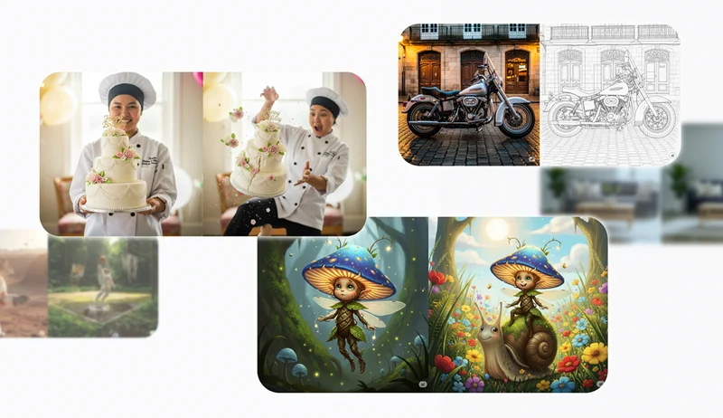 Six images: a chef's cake shattering, a motorcycle photo and line drawing, and two fantasy scenes of a mushroom fairy.