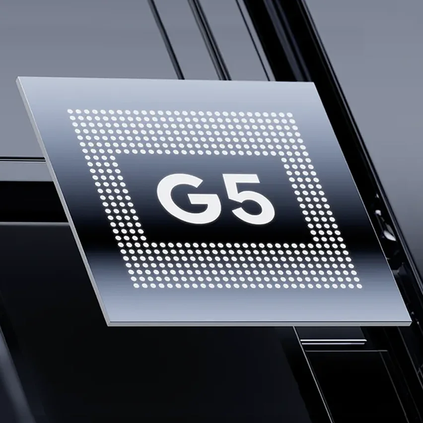 A stylized, translucent chip or display with 'G5' in white text, outlined by a border of white dots, against a dark, reflective background.