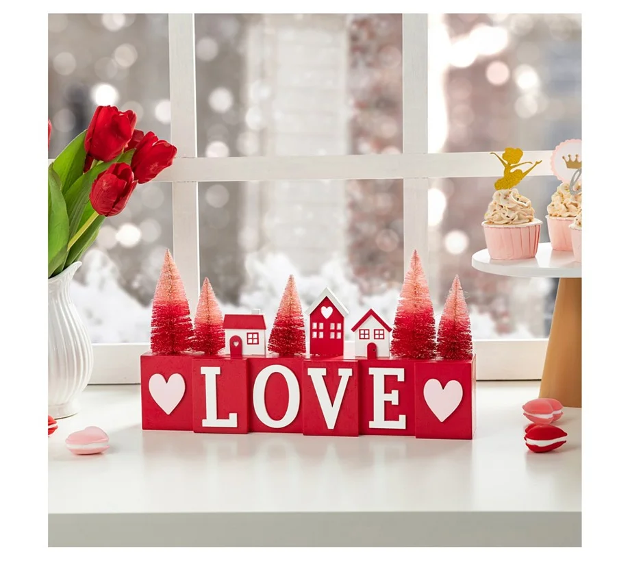 Glitzhome 14" Valentine's House & Brush Trees LOVE Table Decor