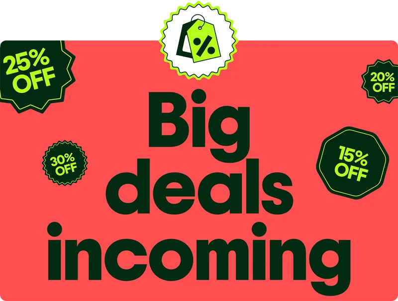 Big deals incoming. Image Description: Various percent-off badges floating on a red background.