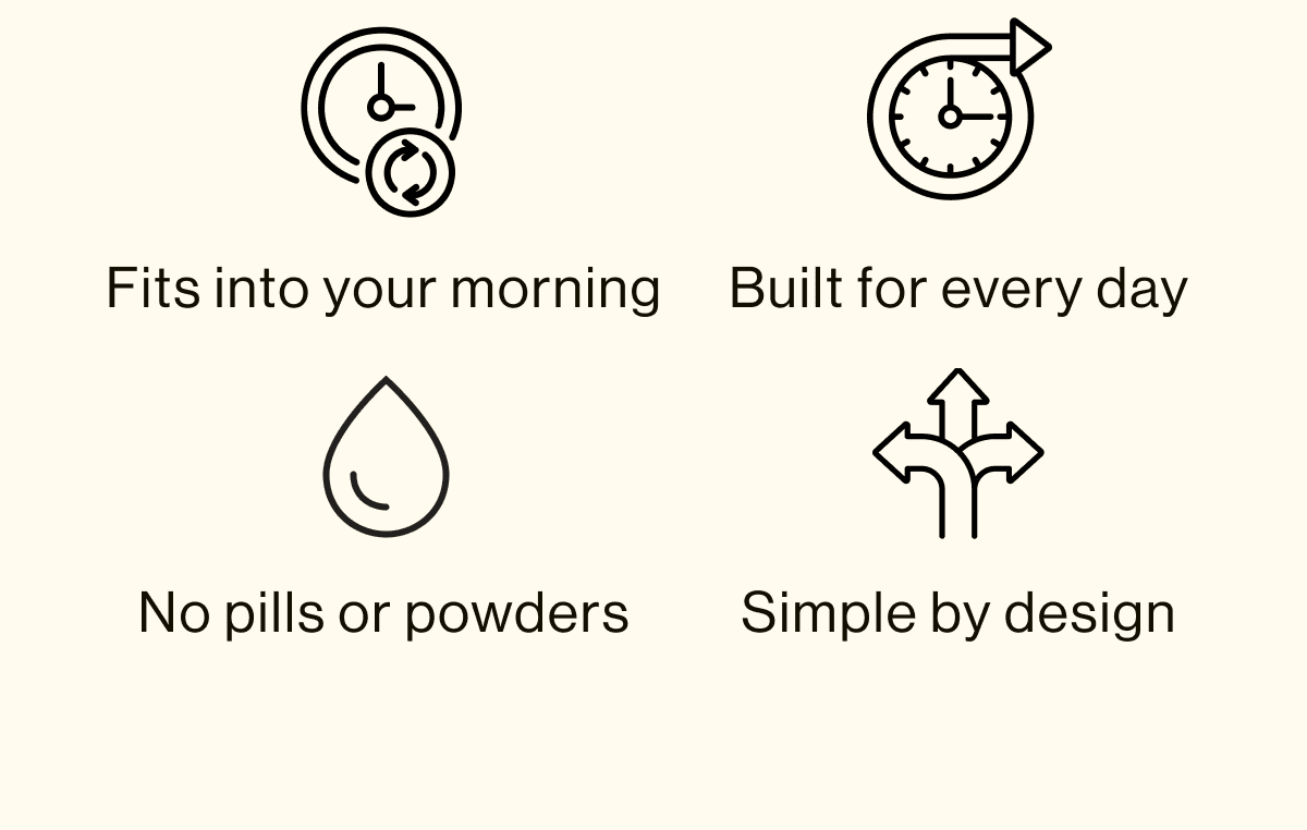 Fits into your morning. Built for Every day. No pills or powders. Simple by design
