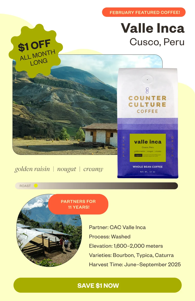 February Featured Coffee Valle Inca Cusco, Peru $1 off all month long golden raisin nougat creamy  Parntners 11 years!    Process: Washed Elevation: 1,600–2,000 meters Varieties: Bourbon, Typica, Caturra Harvest Time: June–September 2025 Sav3 $1 Now