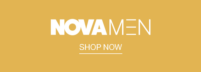 Gold banner featuring white "NOVA MEN" text and a "SHOP NOW" call to action. Discover the latest men's fashion and clothing collection.