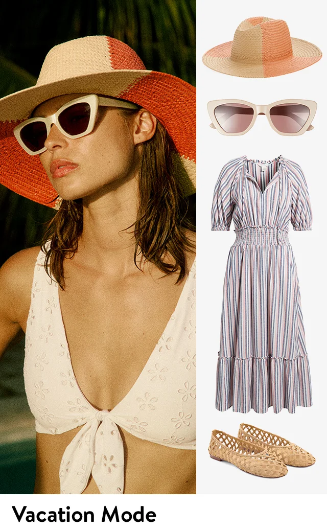A woman wearing a hat, sunglasses and bikini top; a dress, hat, shoes and sunglasses.
