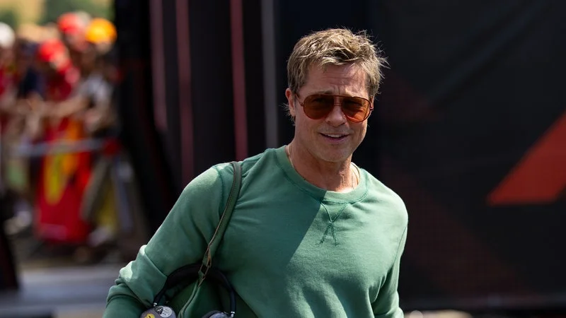 Brad Pitt wearing one of Sunspel's signature crewneck sweatshirts.