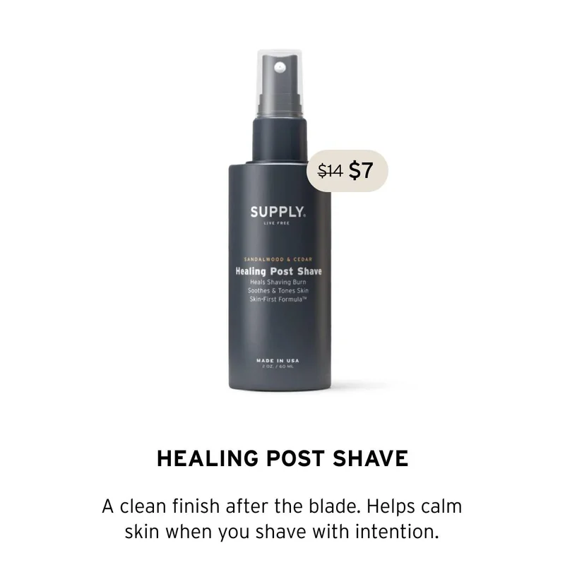 HEALING POST SHAVE. A clean finish after the blade. Helps calm skin when you shave with intention.