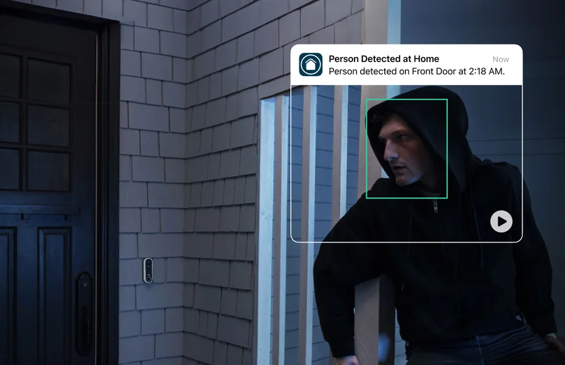 Simulated user interface of Arlo Secure app's animated preview over an image of a burglar trying to enter a home where an Arlo Video Doorbell is mounted on the exterior.