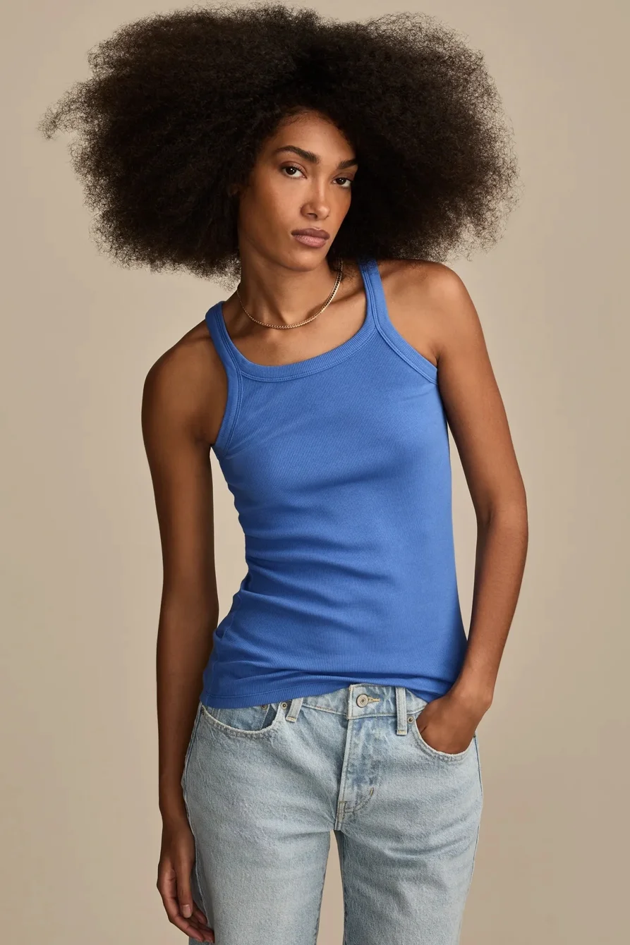 Image of Lucky Brand Ribbed Essential Tank - Women's Clothing Tops Tank Top in Beaucoup Blue