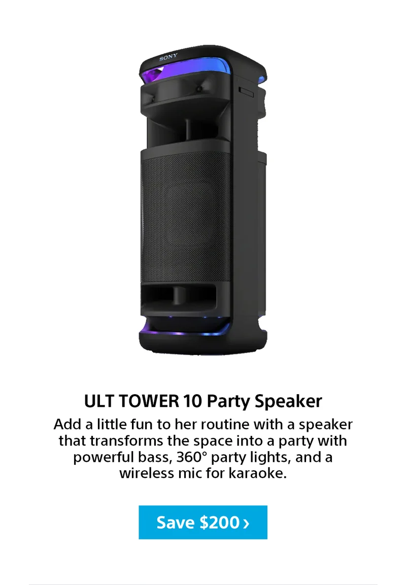 ULT TOWER 10 Party Speaker | Add a little fun to her routine with a speaker that transforms the space into a party with powerful bass, 360° party lights, and a wireless mic for karaoke. $200