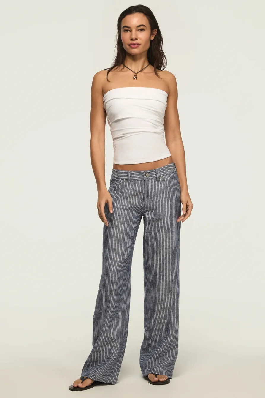 Image of Lucky Brand Baggy Linen Wide Leg Pant - Women's Pants in Navy Stripe