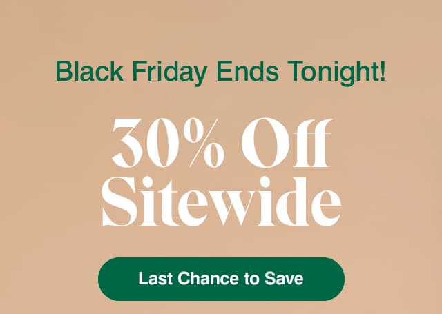 A peach background with a basset hound near a stack of wrapped presents. The email says Black Friday Ends Tonight! 30% Off Sitewide. Last Chance to Save