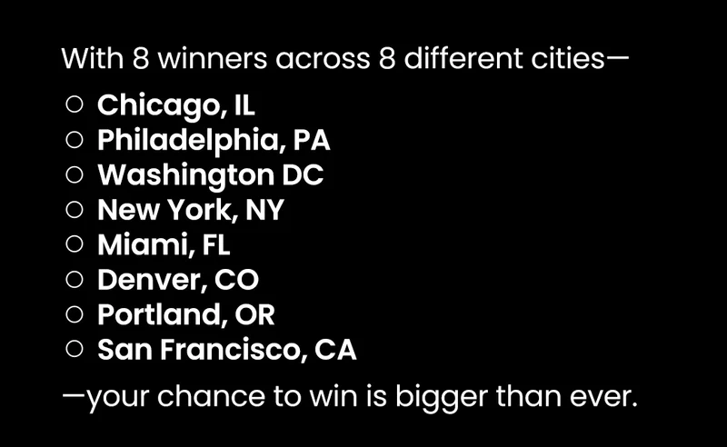 With 8 winners across 8 different cities—Chicaco, Philadelphia, Washington DC, New York, Miami, Denve, tland, San Francisco—your chance to win is bigger than ever.