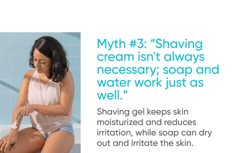 Myth #3: “Shaving cream isn't always necessary; soap and water work just as well.” Shaving gel keeps skin moisturized and reduces irritation, while soap can dry out and irritate the skin.
