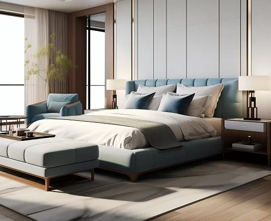 Image description: Modern hotel room with sleek gray and pale blue accents. There is a large bed in the center of the room, plus an ottoman at the foot of the bed, two chairs, and floor-to-ceiling windows.