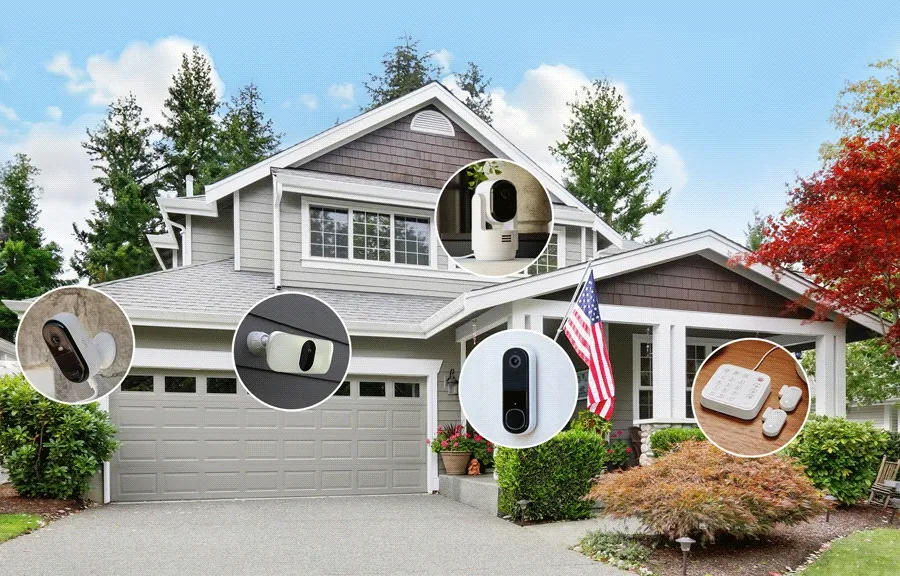 Animated image showing various Arlo security products with blinking circles positioned around a house.