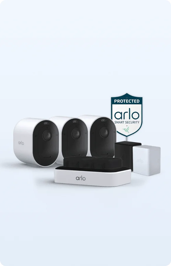 Three Arlo Pro 6 Wireless Security Cameras, an Arlo Yard Sign, and rechargeable batteries.