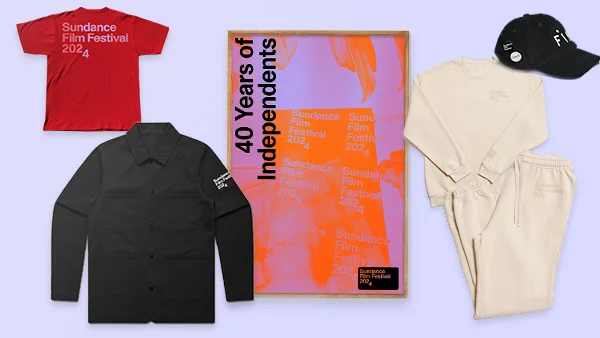 Merch graphic with a lilac background that shows a kid's tee shirt, the
chore jacket, the 40th limited edition poster, the FIN courduroy hat, and the jogger and crewneck beige set.