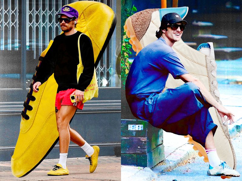 A collage of Harry Styles and Jacob Elordi wearing torpedo sneakers — the Prada Collapse and Margiela Sprinter
