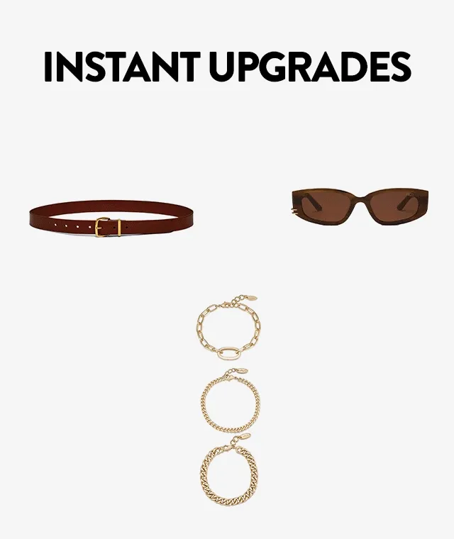 Bracelets, sunglasses, earrings, a handbag, a baseball cap and a belt.