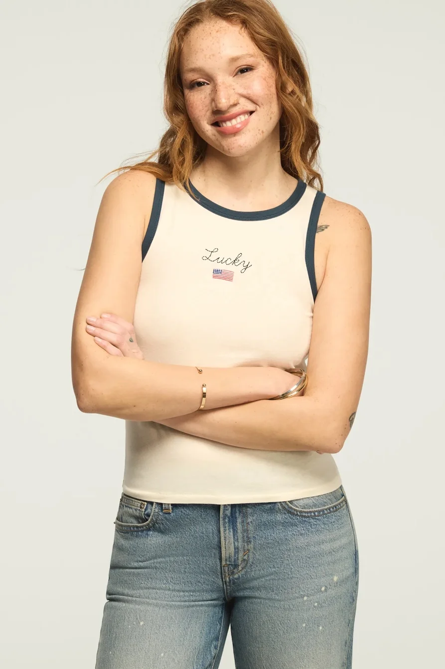 Image of Lucky Brand Lucky American Flag Ringer Tank - Women's Clothing Tops Tank Top in Gardenia