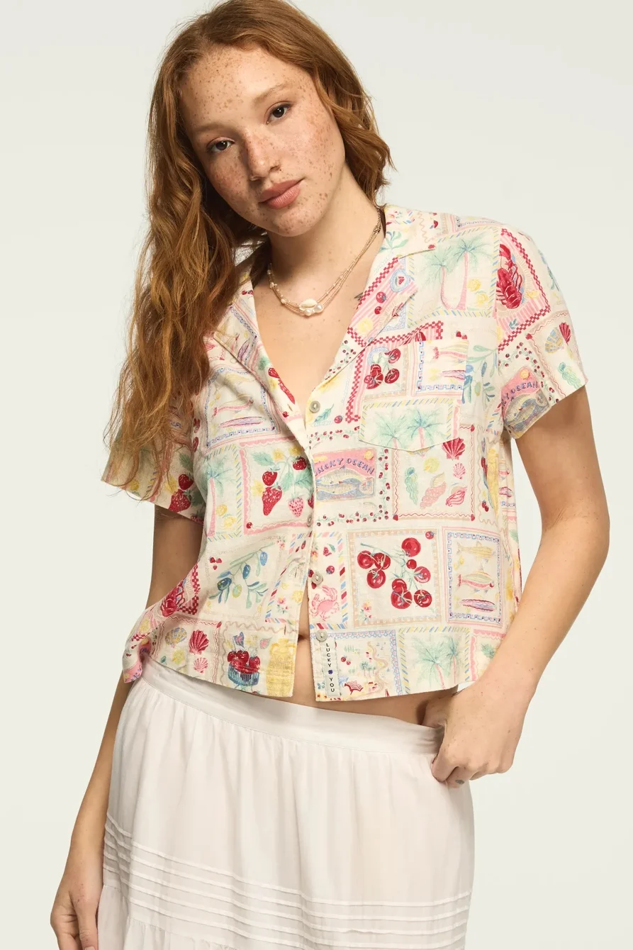 Image of Lucky Brand Printed Linen Camp Shirt - Women's Clothing Button Down Tops Shirts in Multi Postcard