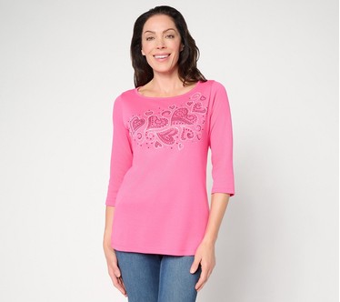 Quacker Factory Heart 2 Heart Bateau Rhinestone 3/4 Sleeve Top