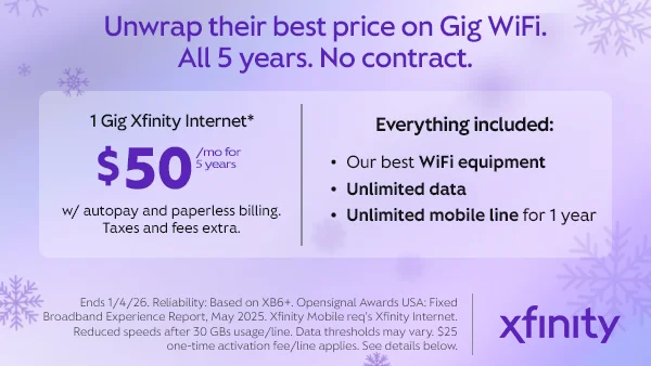 Xfinity - Unwrap their best price on Gig Wifi. All 5 years. No contract. 1 Gig Xfinity Internet $50/month for 5 years w/ autopay and paperless billing. Taxes and fees extra.